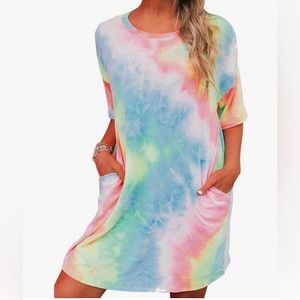Tie Dye Short Sleeve T Shirt Dress with Pockets